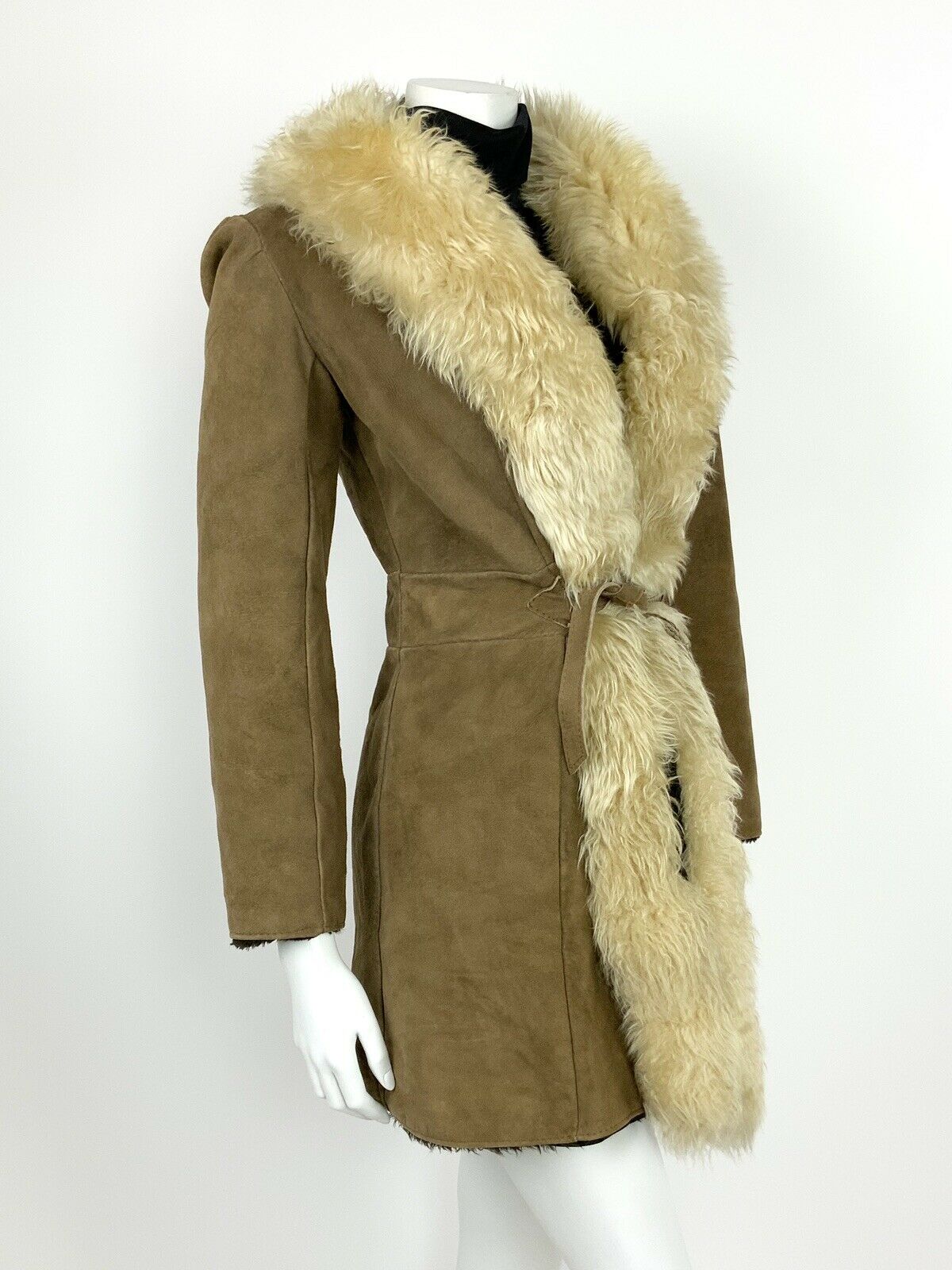 VINTAGE 60s 70s BROWN CREAM SUEDE SHEARLING AFGHAN FUR TRIM BOHO HIPPY COAT 8 10