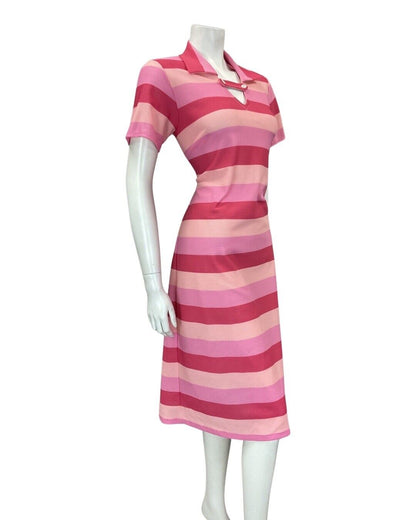 VINTAGE 60s 70s PINK PEACH FUCHSIA STRIPED MOD MIDI SHIRT DRESS 12 14