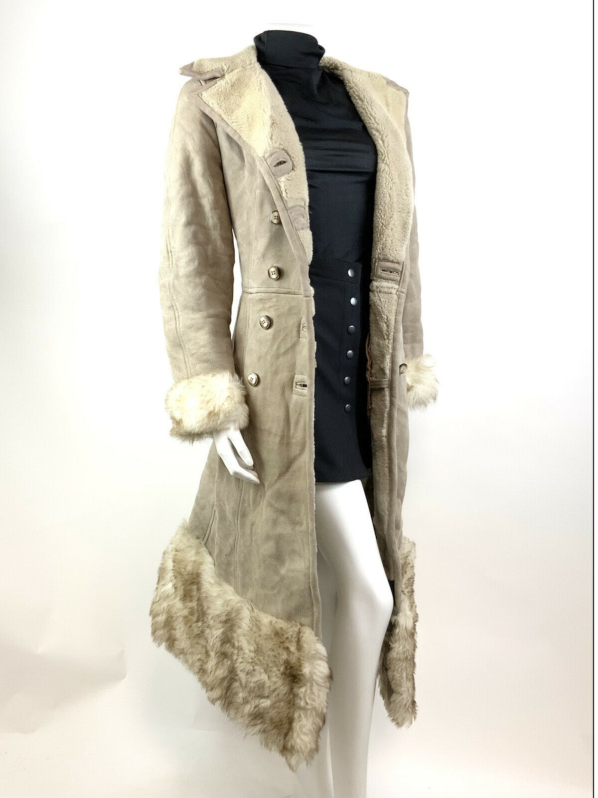 VINTAGE 60s 70s BEIGE CREAM DOUBLE-BREASTED SHEARLING PENNY LANE BOHO COAT 8 10