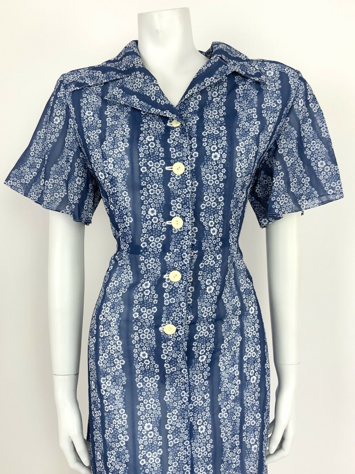 VTG 60s 70s BLUE WHITE STRIPED FLORAL DITSY SHIRT WAIST DAISY MOD DRESS 14