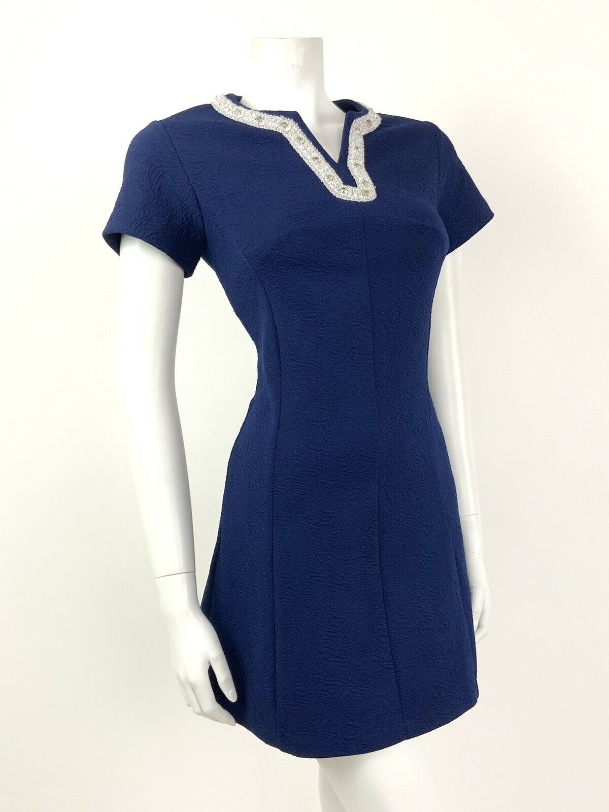 VINTAGE 60s 70s NAVY BLUE SILVER DIAMANTE WHITE TRIM SHORT DRESS 8 10