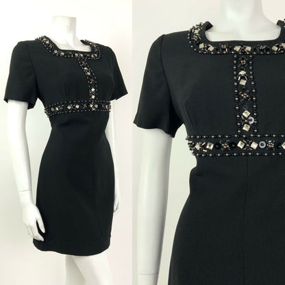 VINTAGE 60s BLACK SILVER BEADED DIAMANTE PARTY GLAM SHIFT DRESS 10 12