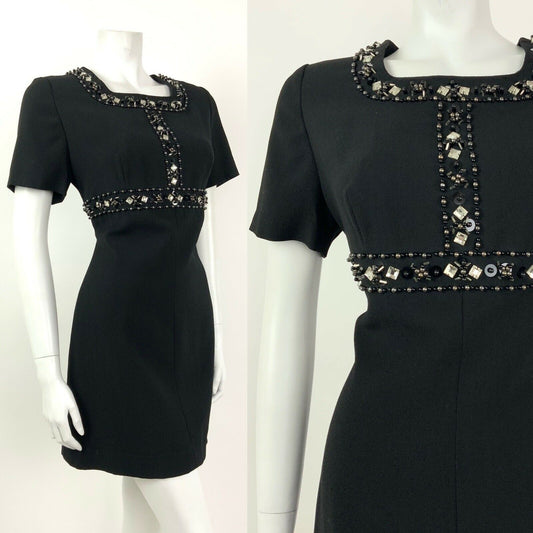 VINTAGE 60s BLACK SILVER BEADED DIAMANTE PARTY GLAM SHIFT DRESS 10 12