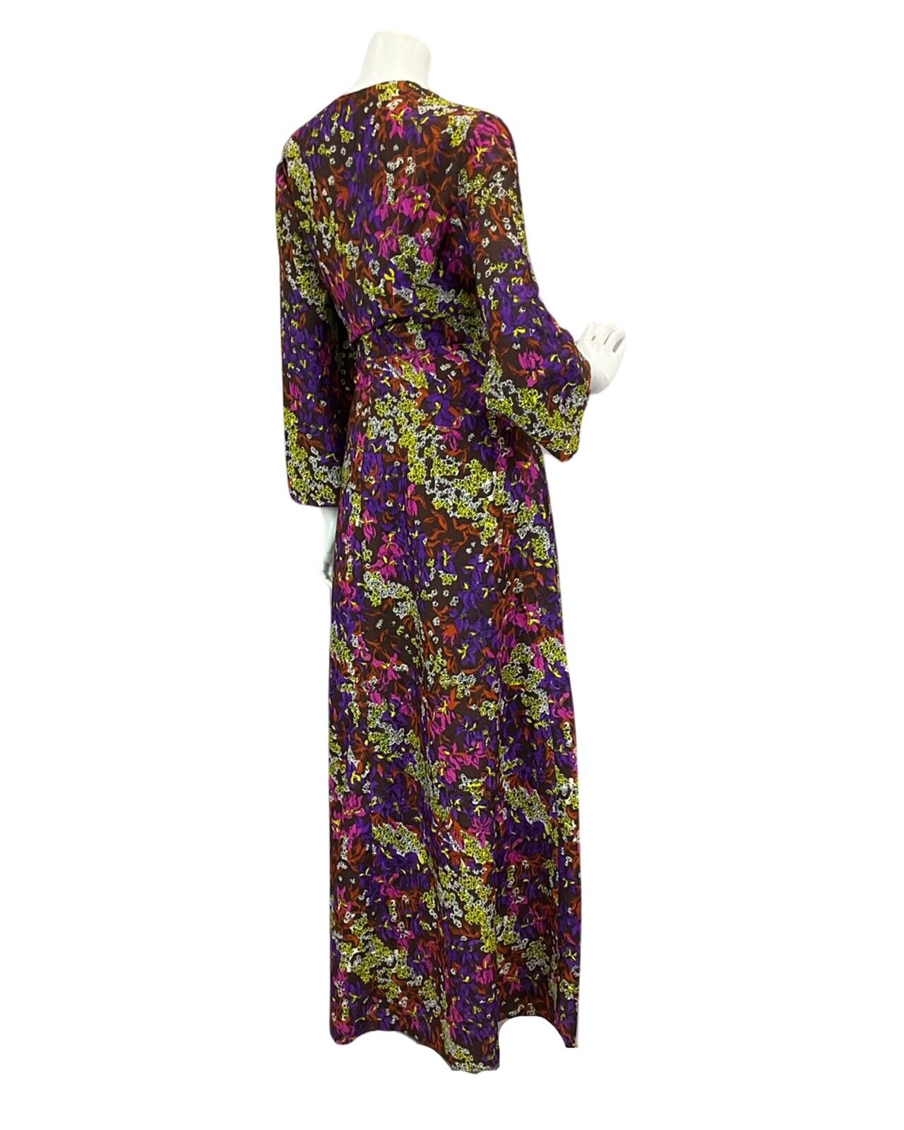 VINTAGE 60s 70s BROWN PURPLE YELLOW FLORAL PRINT MAXI DRESS 14