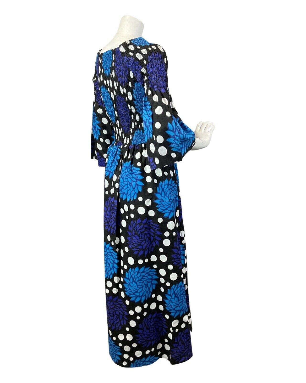 VINTAGE 70s BLUE BLACK WHITE POLKA-DOT FLORAL SHIRRED PSYCHEDELIC MAXI DRESS 6 8