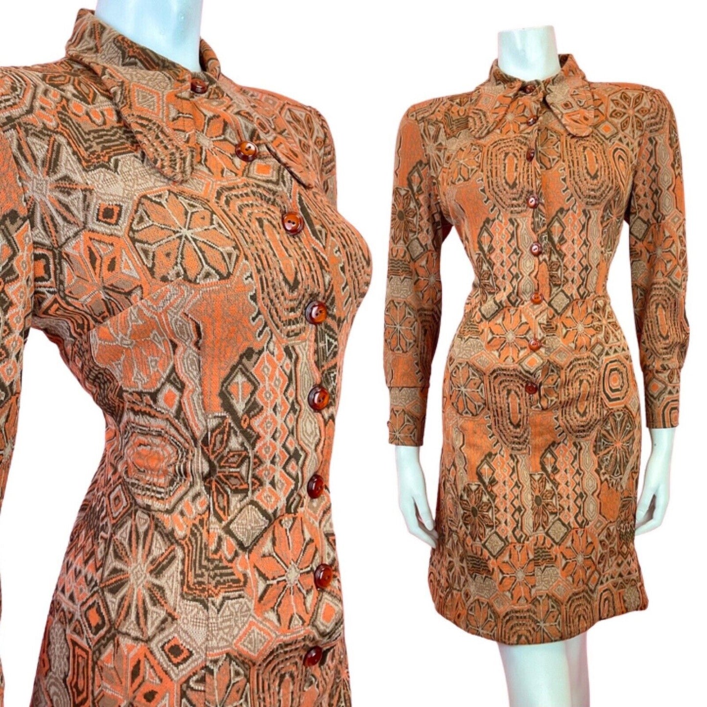 VTG 60s 70s ORANGE BROWN PSYCHEDELIC GEOMETRIC SPOON COLLAR SHIRT DRESS 12 14