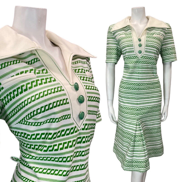 VINTAGE 60s 70s APPLE GREEN WHITE STRIPED MOD WING COLLAR SHIRT DRESS 14 16
