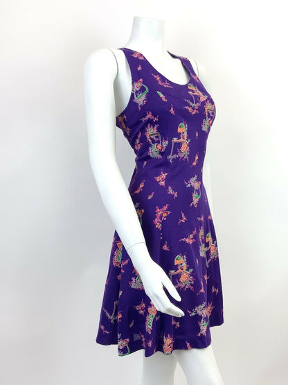 VINTAGE 60s 70s PURPLE ORANGE GREEN FLORAL SLEEVELESS SWING MINI DRESS 10 12