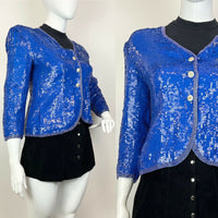 VINTAGE 70s 80s BRIGHT BLUE GOLD DISCO PARTY GLAM SEQUIN TROPHY JACKET 16 18