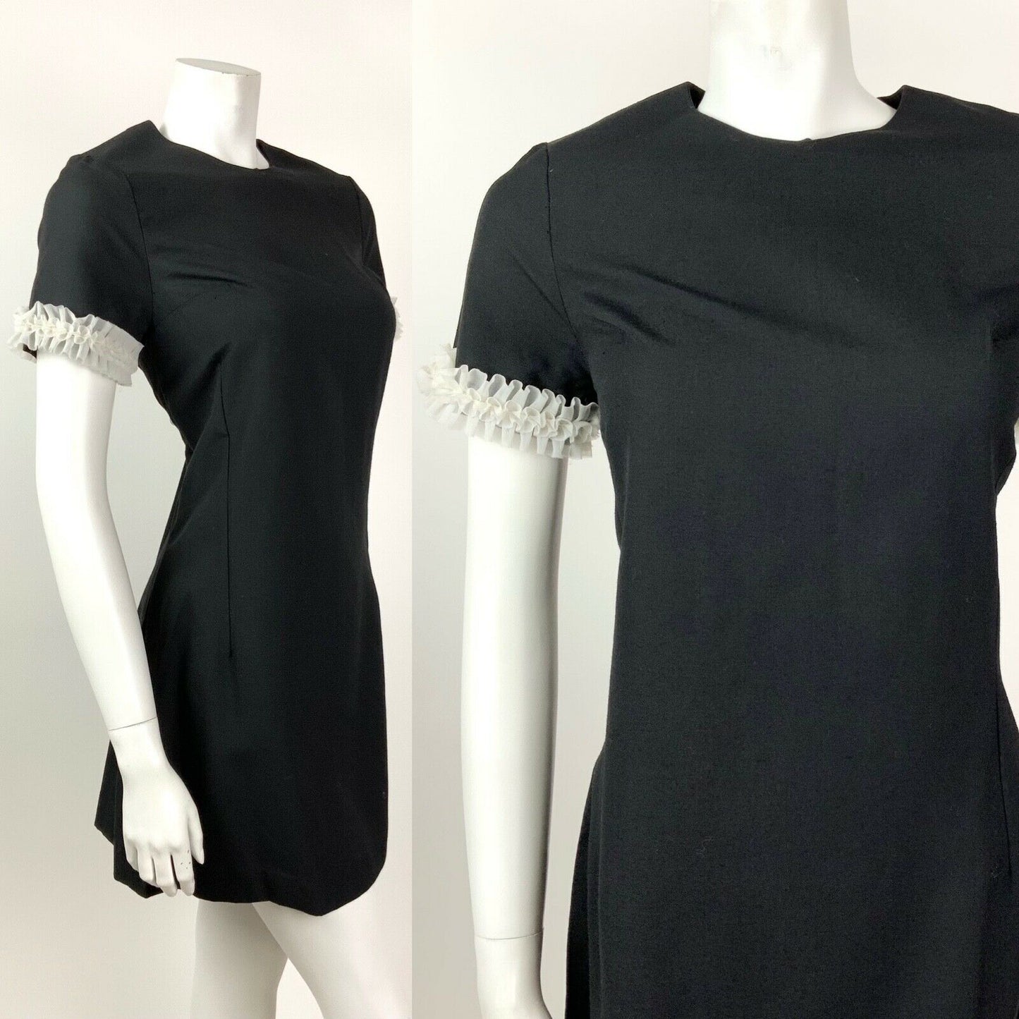 VINTAGE 60s 70s JET BLACK WHITE RUFFLED MOD MINI SHORT DRESS 8 10