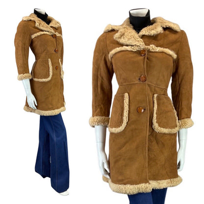 VINTAGE 60s 70s BROWN HONEY MOD SUEDE LEATHER SHEEPSKIN SHEARLING COAT 6