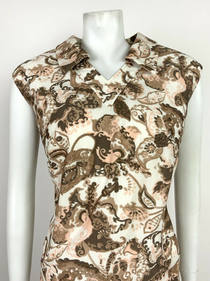 VTG 60s 70s WHITE BEIGE BROWN PINK FLORAL PAISLEY SLEEVELESS SHIFT DRESS 16 18