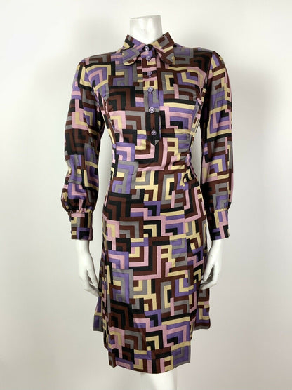 VTG 60s 70s PURPLE BROWN SILVER PINK GEOMETRI DOG-EAR COLLAR SHIRT DRESS 12 14