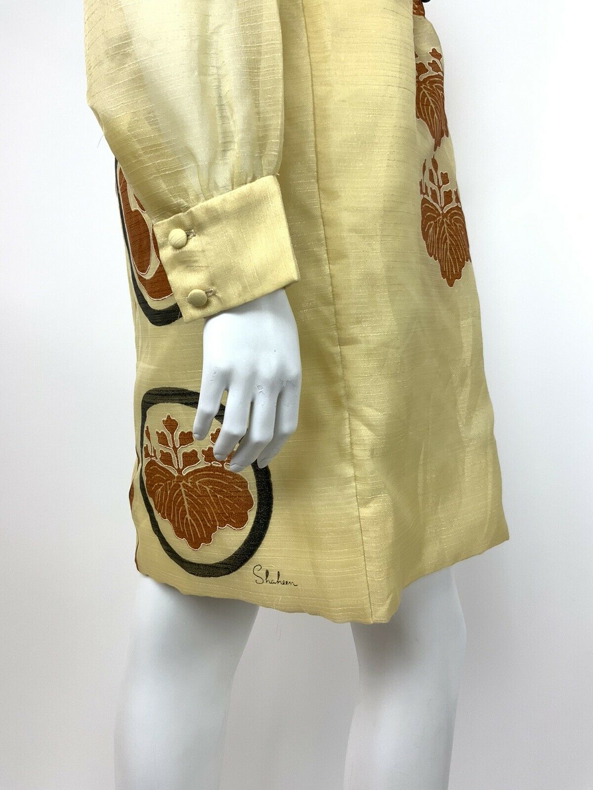 VTG 60s 70s ALFRED SHAHEEN SILK CREAM BROWN BLACK HAWAIIAN ASIAN DRESS 10 12