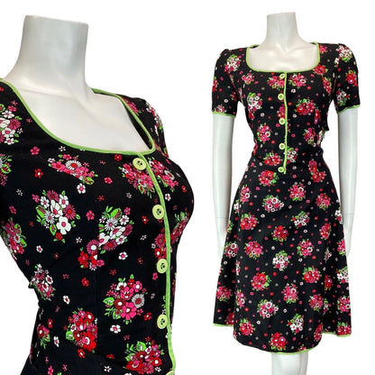 VINTAGE 60s 70s BLACK PINK RED GREEN FLORAL BOUQUET SUMMER PRAIRIE MOD DRESS 10