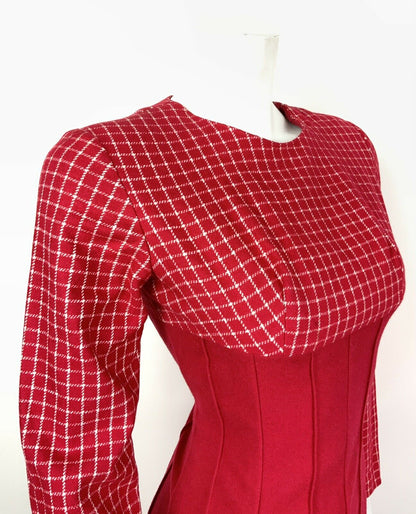 VTG 60s 70s MOD PILLARBOX RED WHITE GRID PLAID CHECKED FLARED DRESS 8 10