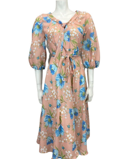 VINTAGE 60s 70s PASTEL PINK BLUE GREEN FLORAL PRINT MIDI TIE NECK DRESS 10 12