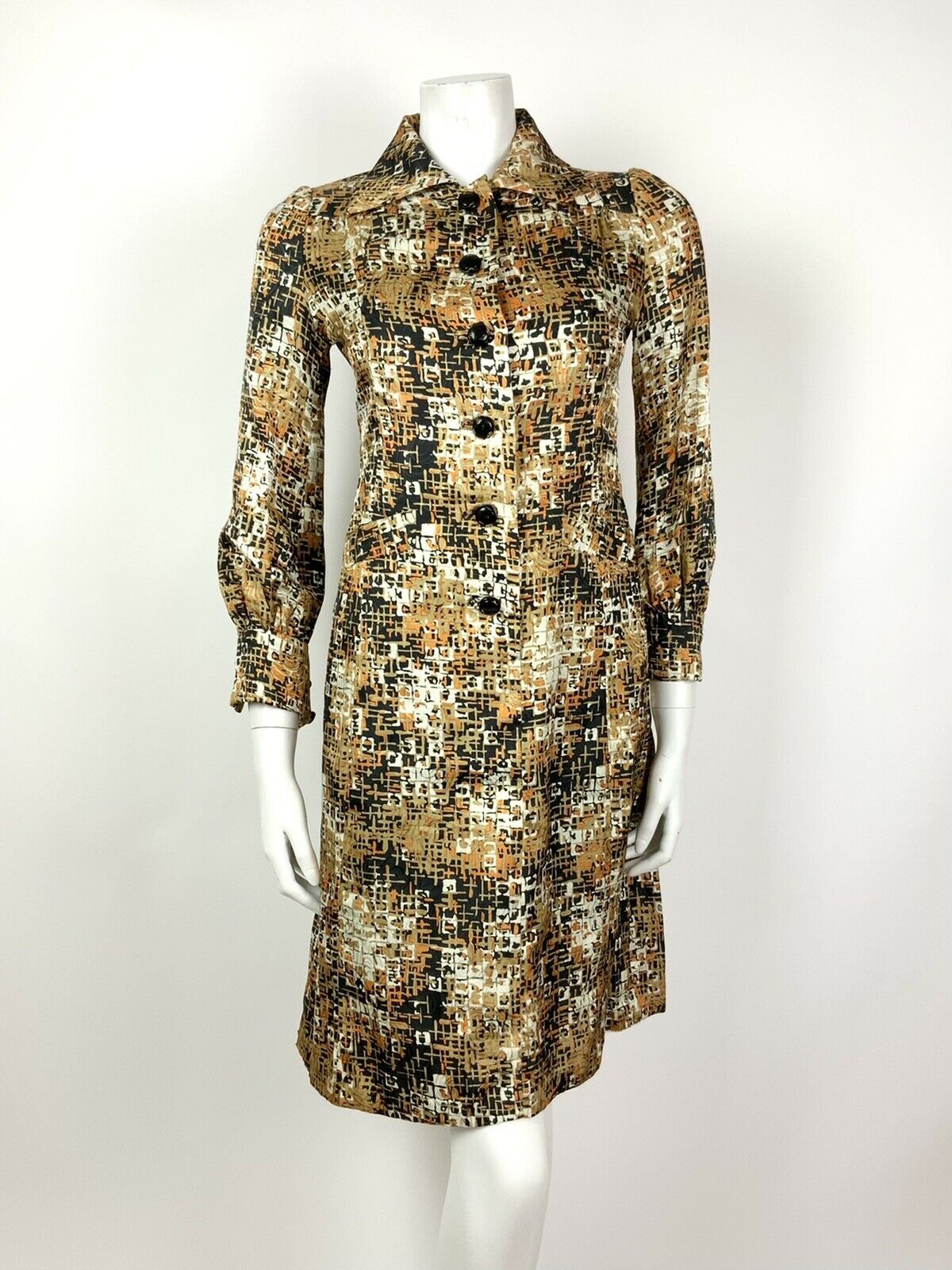 VINTAGE 60s 70s GOLD BLACK ORANGE WHITE CROSS-HATCH SWIRL DAGGER SHIRT DRESS 8