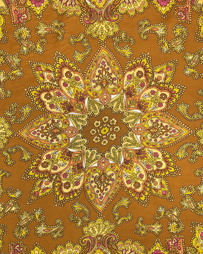 VINTAGE 60s 70s GOLD ORANGE PAISLEY FLORAL MANDALA LARGE SILK SCARF