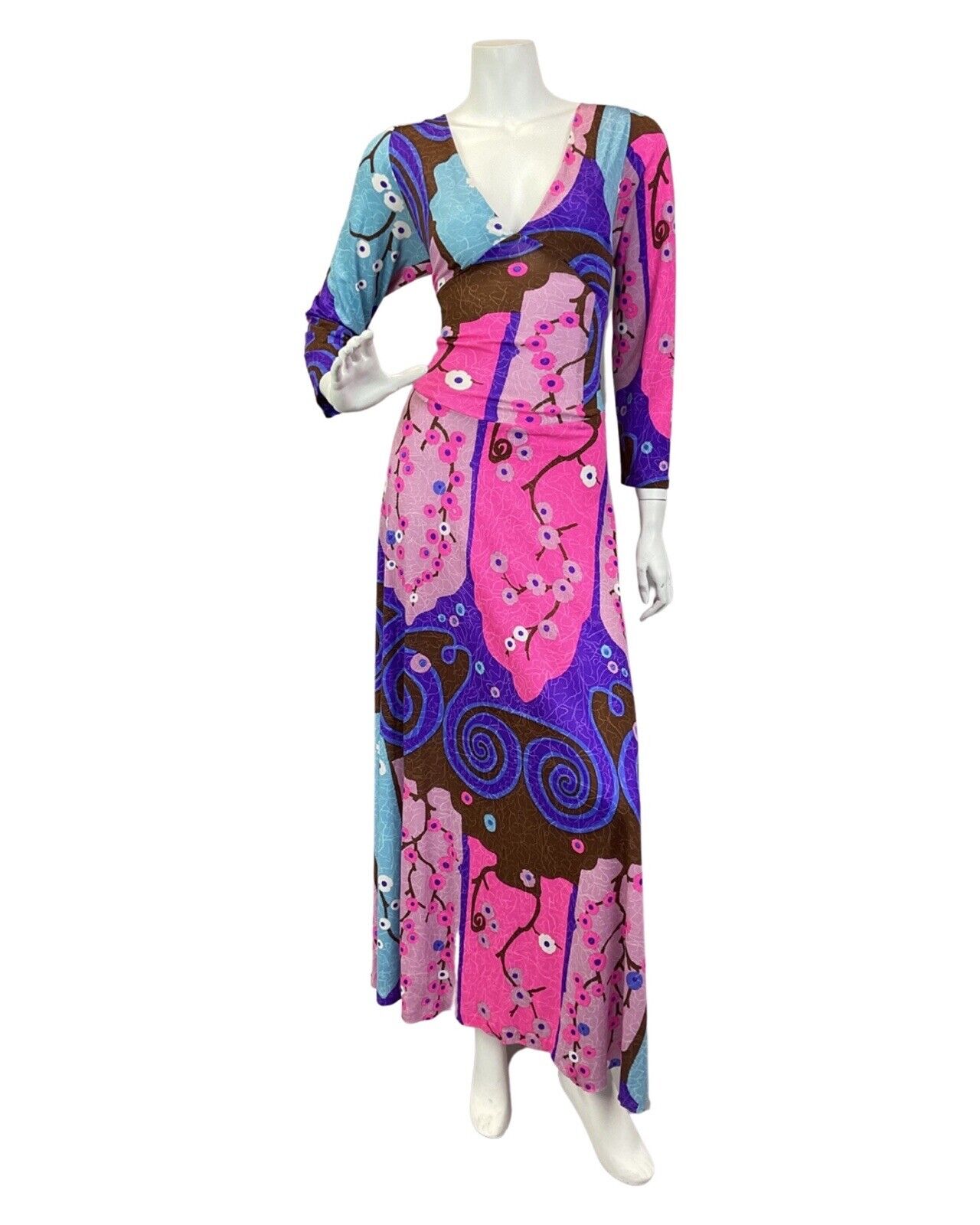 VINTAGE 60s 70s PINK PURPLE BROWN PSYCHEDLIC FLORAL BLOSSOM MOD MAXI DRESS 12 14