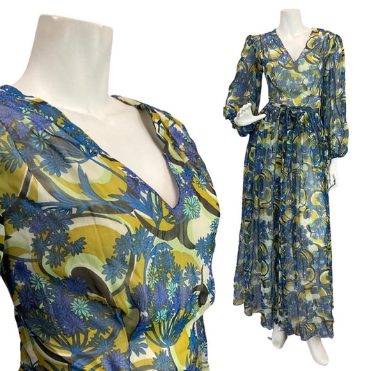 VINTAGE 60s 70s BLUE GREEN GOLD PSYCHEDELIC FLORAL SWIRL SHEER MAXI DRESS 8 10