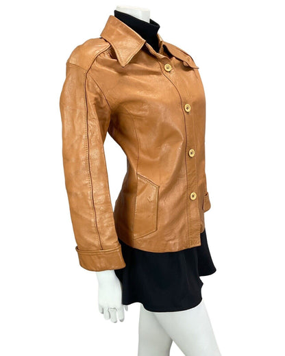 VTG 60s 70s DARK ORANGE TAN BROWN DAGGER COLLAR LEATHER MOD BIKER JACKET 12 14