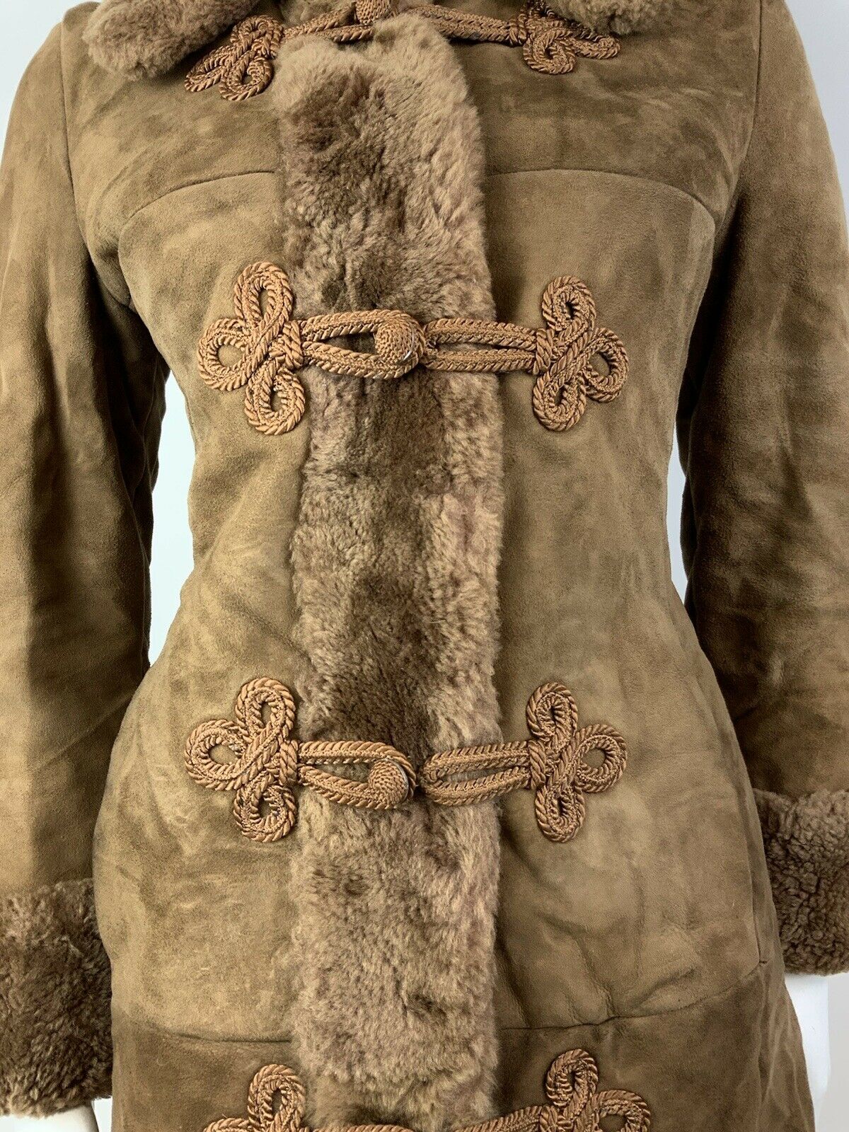 VTG 60s 70s TAWNY BROWN SUEDE SHEARLING FUR BROCADE RUSSIAN PRINCESS COAT 10 12