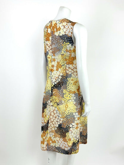 VTG 60s 70s BLACK WHITE GREY YELLOW ORANGE FLORAL PATCHWORK SHIFT DRESS 12 14