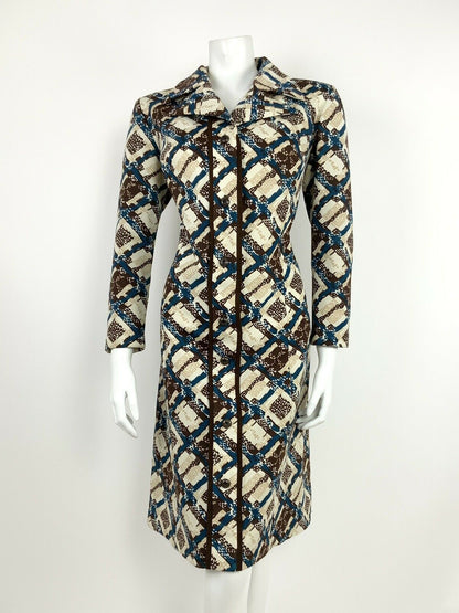 VINTAGE 60s 70s WHITE BROWN BLUE BEIGE GEOMETRIC PLAID SHIRT DRESS 14 16