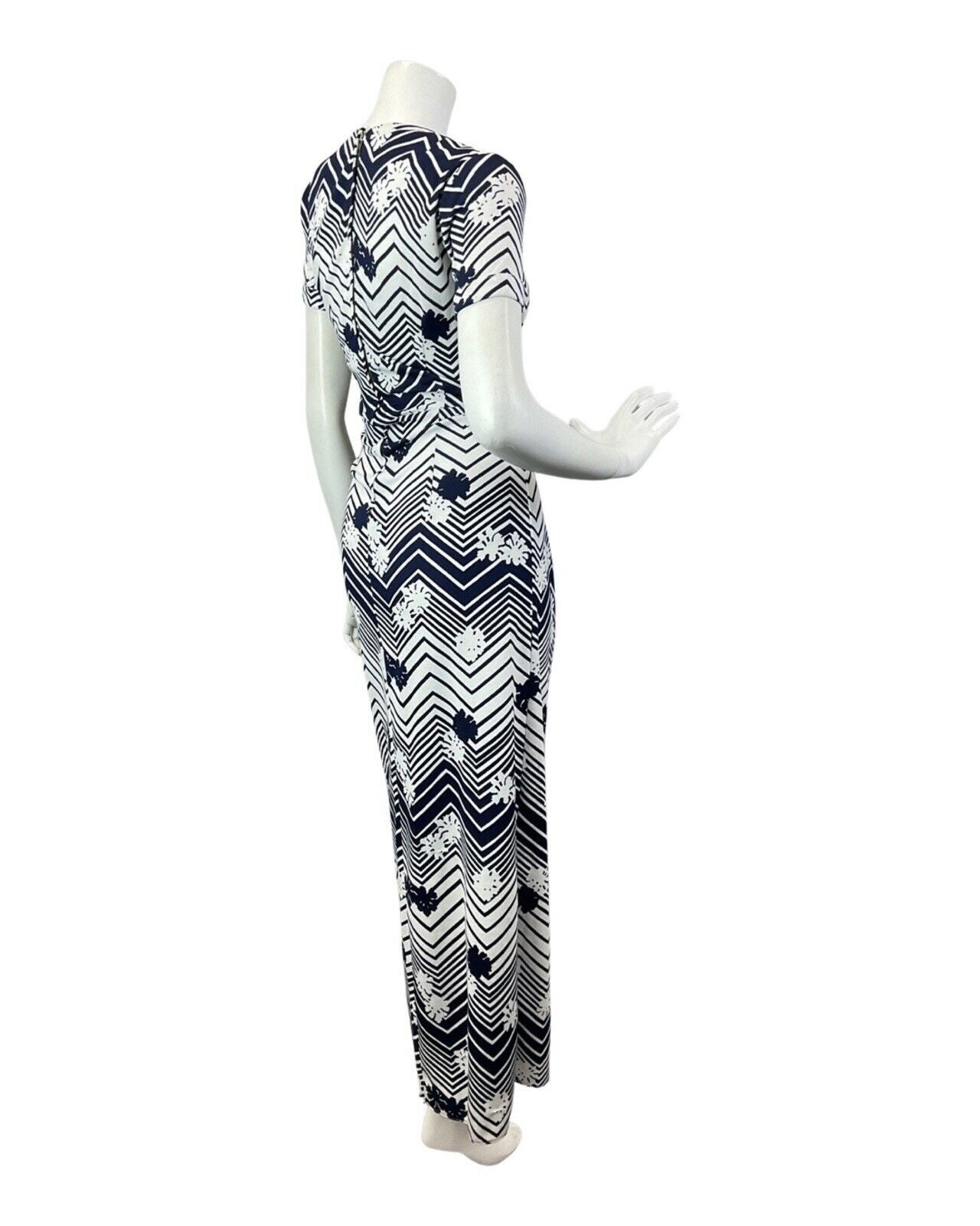 VINTAGE 60s 70s WHITE NAVY BLUE ZIG-ZAG FLORAL OP-ART MOD MAXI DRESS 10 12