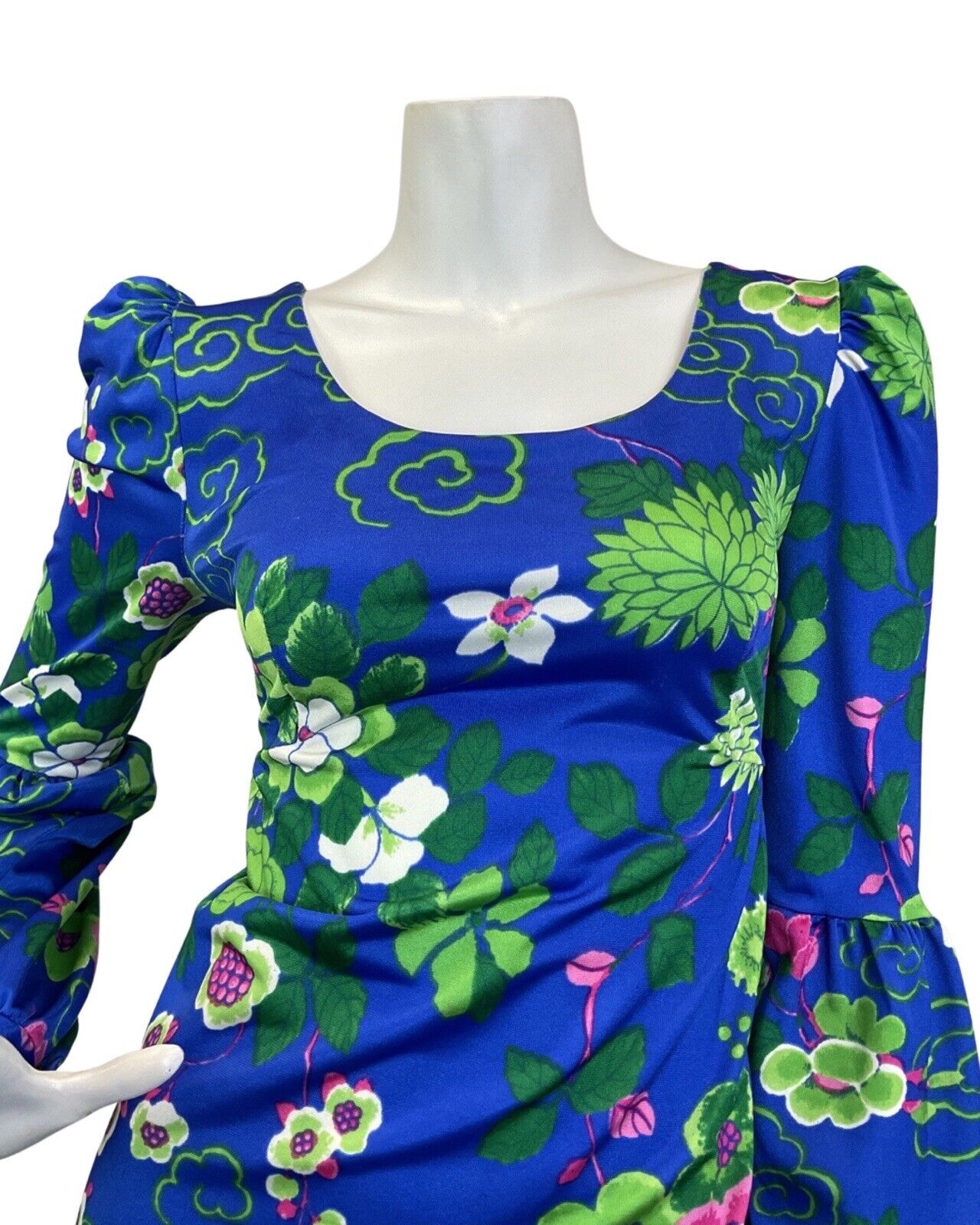 VINTAGE 60s 70s BLUE GREEN PINK PSYCHEDELIC FLORAL JULIET SLEEVE MAXI DRESS 8 10