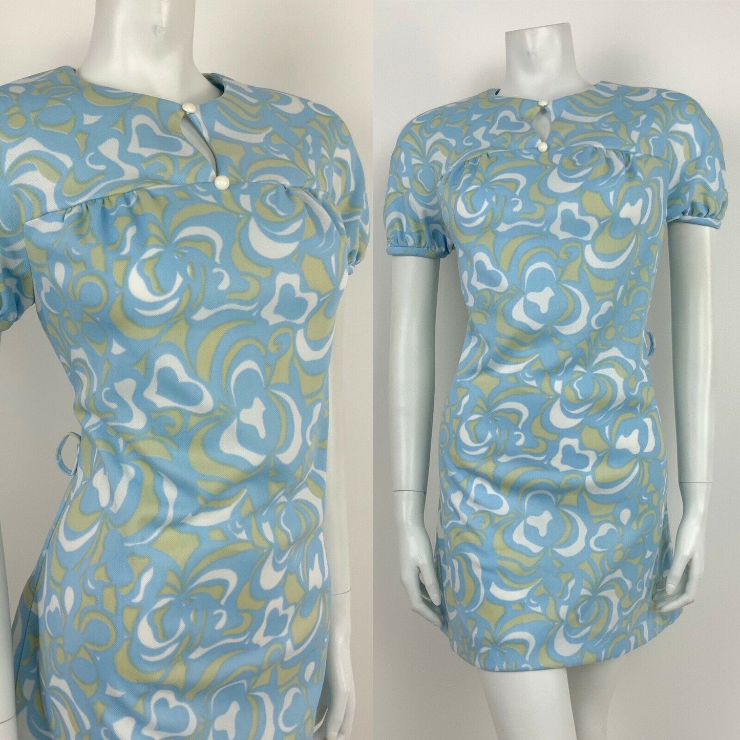 VINTAGE 60s 70s BLUE WHITE BEIGE SWIRL FLORAL KEYHOLE YOKE DRESS 10 12