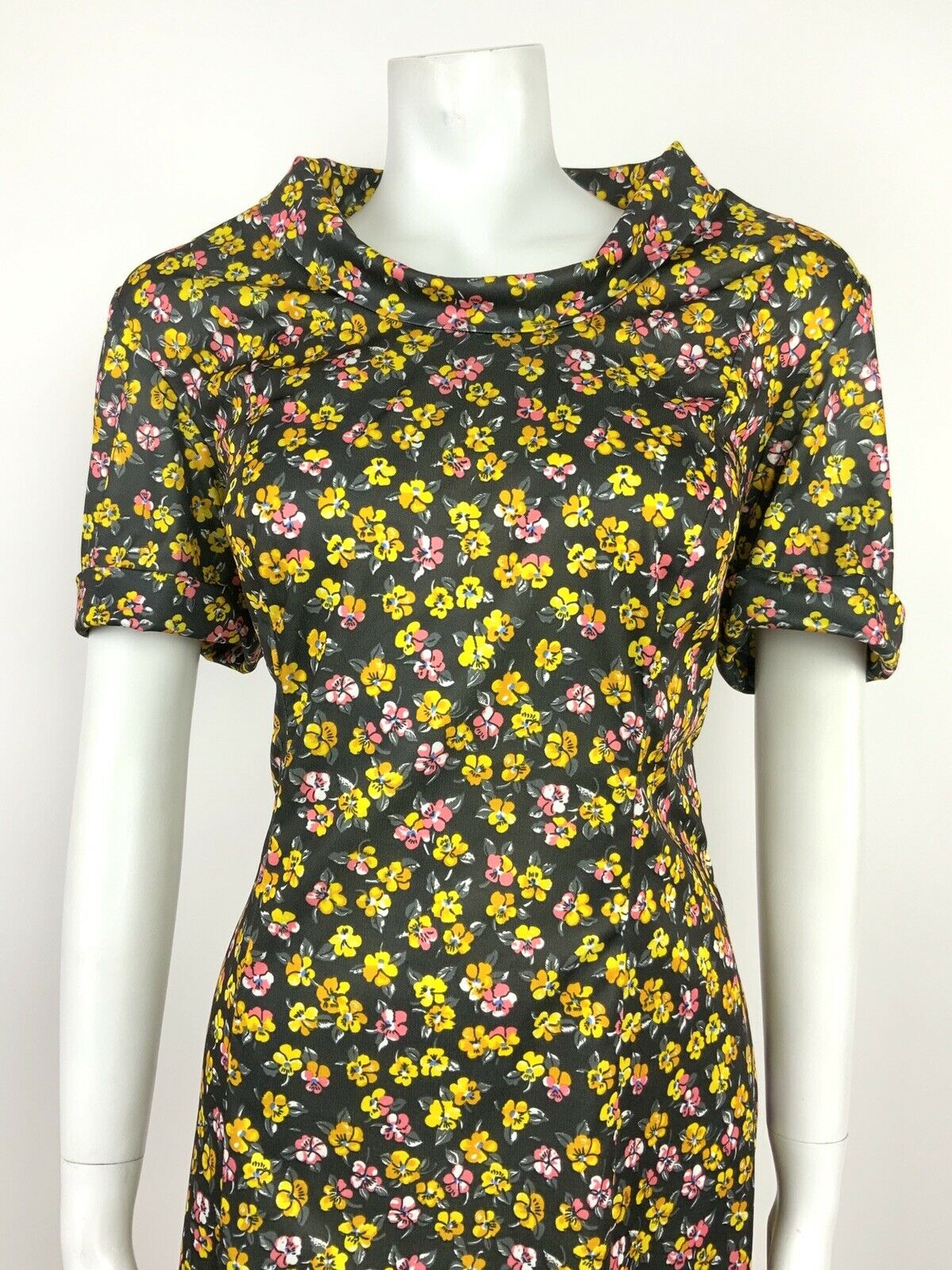 VINTAGE 60s 70s GREY YELLOW PINK WHITE FLORAL DITSY TURTLENECK SHIFT DRESS 14 16