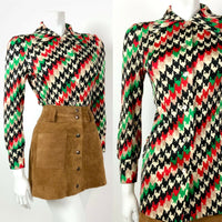 VINTAGE 60s 70s BLACK WHITE GREEN RED HOUNDSTOOTH STRIPED MOD DAGGER SHIRT 10 12