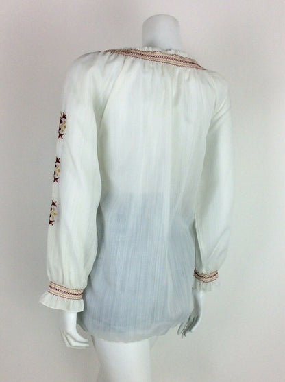 VTG 70s ETHNIC WHITE PEASANT BLOUSE RED GOLD EMBROIDERED MEANDROS GRECIAN 12 14