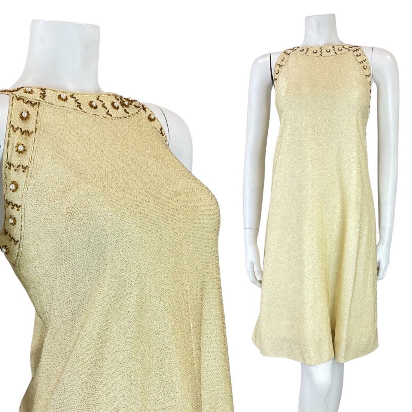 VINTAGE 60s 70s GOLD BEADED MOD DISCO STUDIO 54 PARTY SLEEVELESS SHIFT DRESS 10