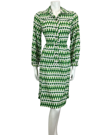 VINTAGE 60s 70s WHITE GREEN ABSTRACT PRINT MOD DISCO PARTY DRESS 10 12