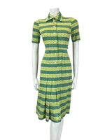 VINTAGE 60s 90s LIME GREEN WHITE STRIPED DOTTY GEOMETRIC MOD SHIRT DRESS 6 8