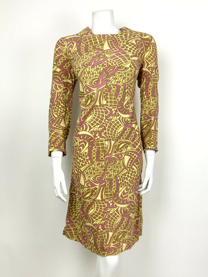 VINTAGE 60s 70s YELLOW PINK GOLD PSYCHEDELIC SWIRL EMPIRE LINE DRESS 12 14