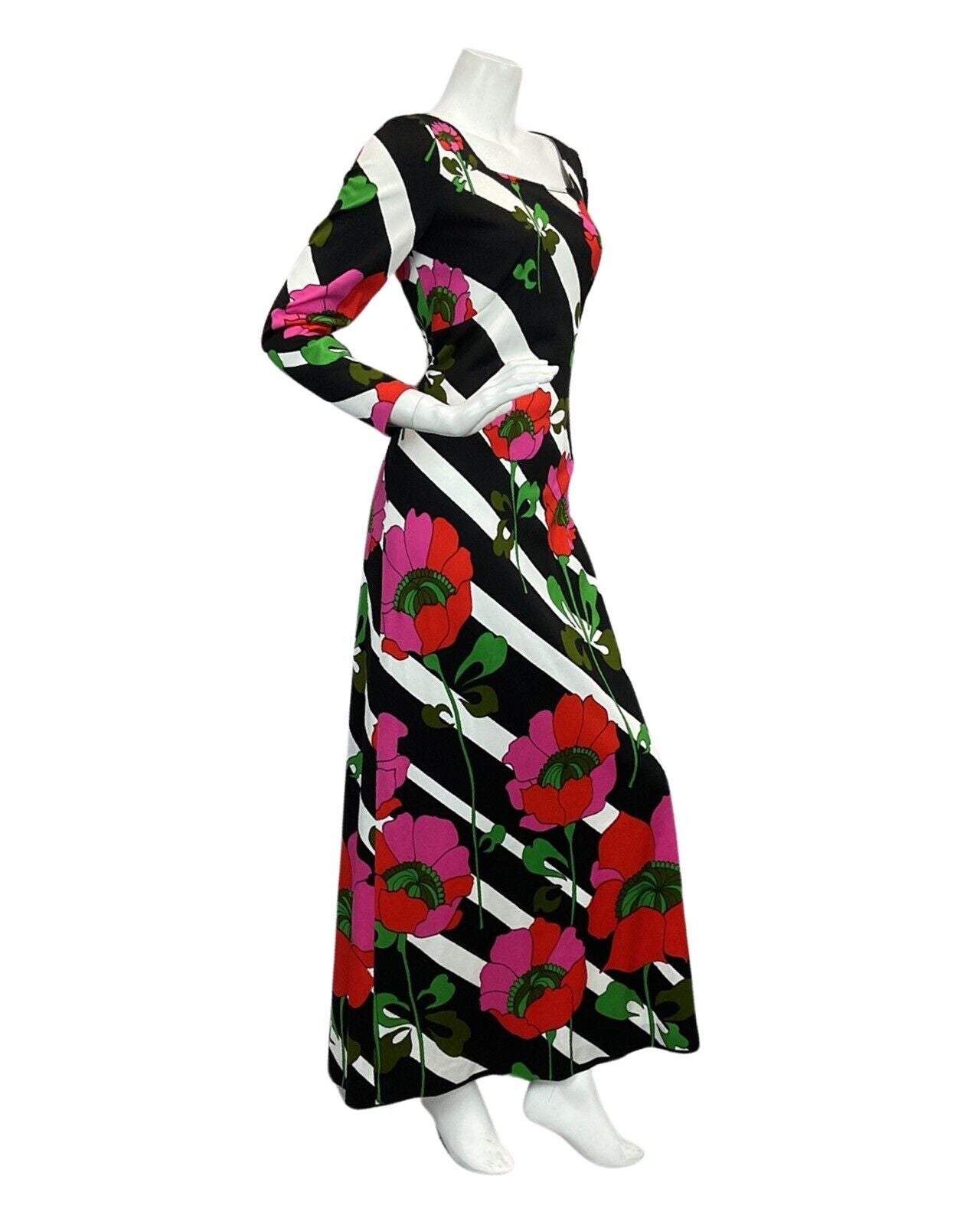 VTG 60s 70s BLACK WHITE STRIPED ROSE FLORAL PRINT MAXI MOD DRESS 10 12