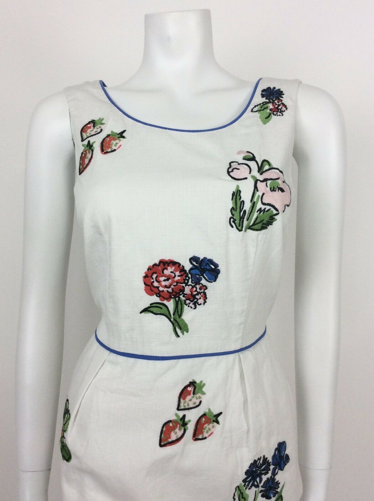 VTG 60s 70s WHITE COTTON FRUIT FLORAL RED BLUE GREEN SUMMER DRESS 10