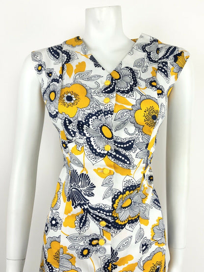 VTG 60s 70s BLUE YELLOW WHITE FLORAL SWIRL A-LINE MOD PSYCH FLOWER DRESS 12 14