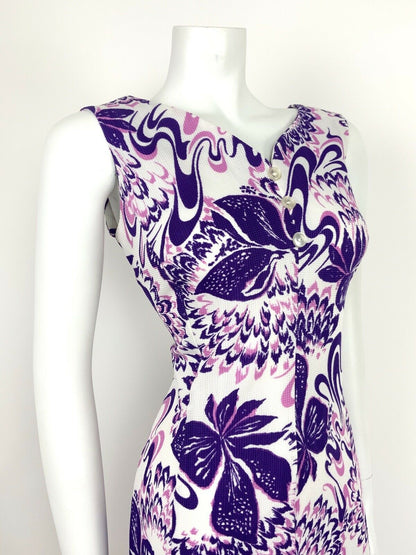 VINTAGE 60s 70s PSYCHEDELIC FLORAL PURPLE PINK WHITE SWEETHEART SUMMER DRESS 16