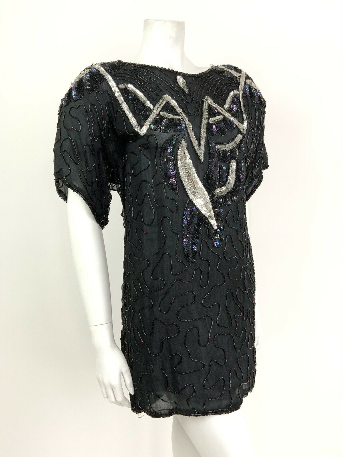 VINTAGE 70s 80s BLACK SILVER HOLOGRAPHIC SEQUINNED DISCO PARTY TOP BLOUSE 12 14