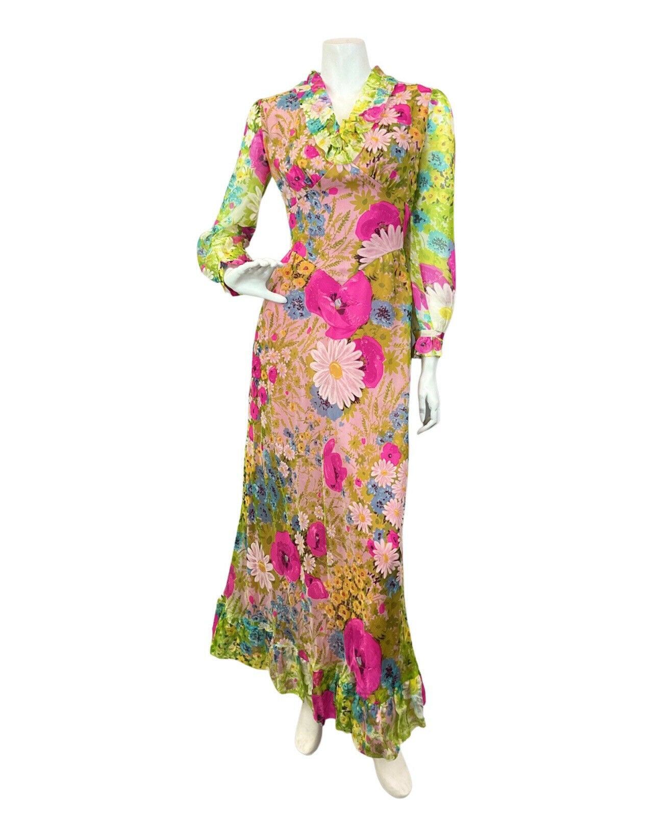 VINTAGE 60s 70s GREEN PINK BLUE GARDEN FLORAL DAISY SUMMER SHEER MAXI DRESS 6