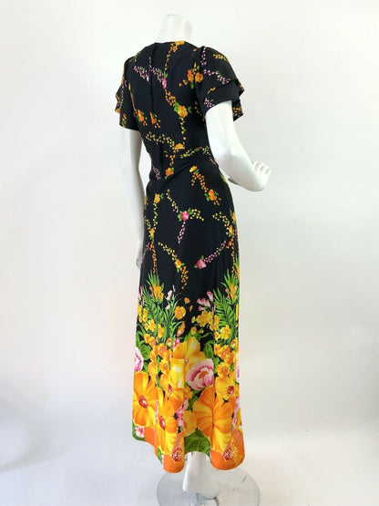 VINTAGE 60s 70s BLACK YELLOW GREEN PINK FLORAL VINE RUFFLED MAXI DRESS 10