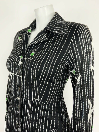 VINTAGE 60s 70s BLACK WHITE GREEN FLORAL DAISY STRIPED SHIRT DRESS 10