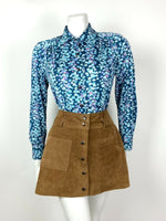 VTG 60s 70s BLUE PURPLE WHITE PINK FLORAL DITSY DAGGER COLLAR SHIRT BLOUSE 12 14