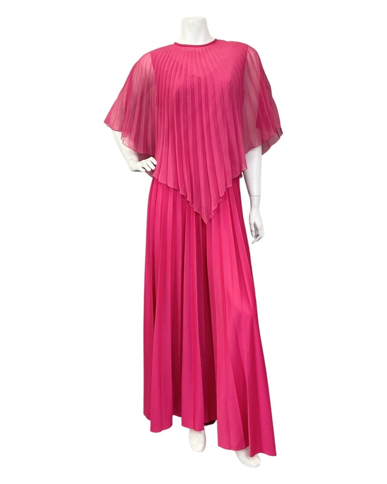 VINTAGE 70s FUCHSIA PINK STUDIO 54 BOHO CAPE SLEEVE MAXI DRESS GOWN 10