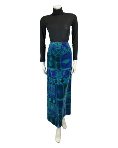 VINTAGE 60s 70s BLUE GREEN GEOMETRIC PANELLED MOD VELOUR MAXI SKIRT 8 10